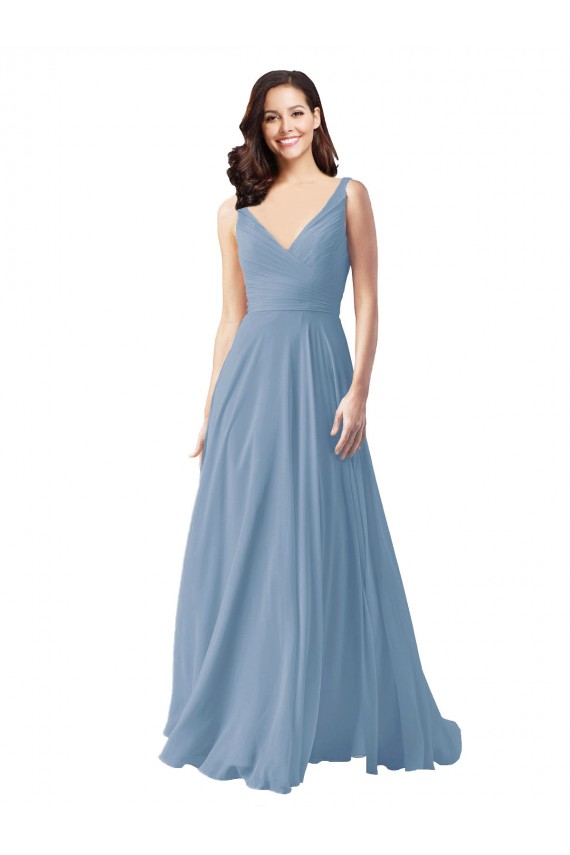 Dusty Blue Sleeveless V-Neck A-Line Chiffon Wedding Party Dress Worcester