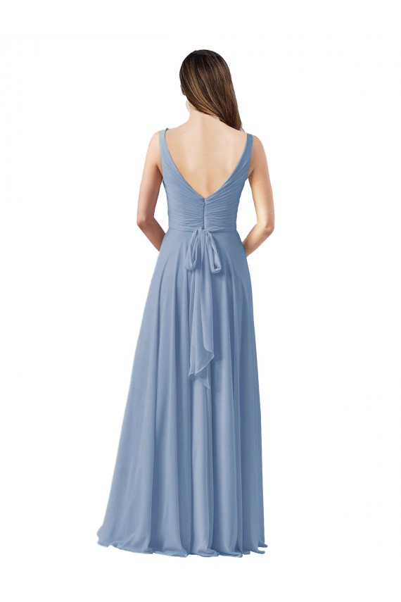 Dusty Blue Sleeveless V-Neck A-Line Chiffon Wedding Party Dress Worcester