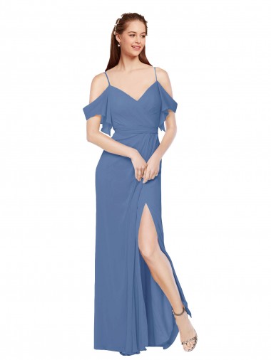 Windsor Blue Sleeveless Off the Shoulder A-Line Soft Chiffon Bridesmaid Dress Worcester