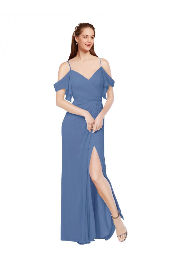 Windsor Blue Sleeveless Off the Shoulder A-Line Soft Chiffon Bridesmaid Dress Worcester