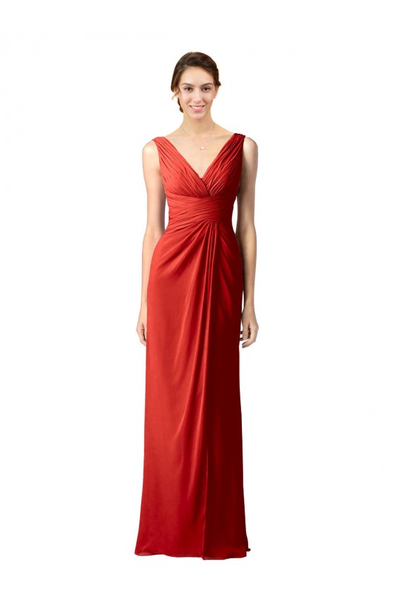 V-Back Red Sleeveless V-Neck Sheath Soft Chiffon Bridesmaid Dress Worcester