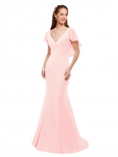 Low Back Flutter Sleeves V-Neck Mermaid Soft Chiffon Bridesmaid Dress Worcester