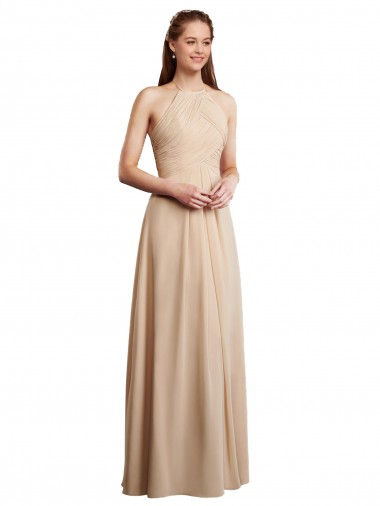 Low Back Champagne Sleeveless Halter Neck A-Line Soft Chiffon Bridesmaid Dress Worcester