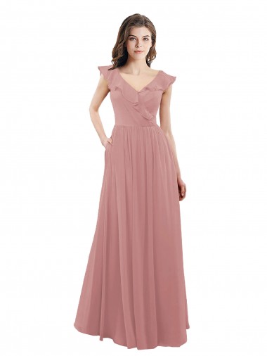 V-Back Dusty Pink Cap Sleeves V-Neck A-Line Soft Chiffon Bridesmaid Dress Worcester