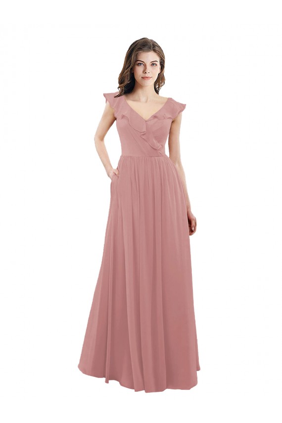 V-Back Dusty Pink Cap Sleeves V-Neck A-Line Soft Chiffon Bridesmaid Dress Worcester