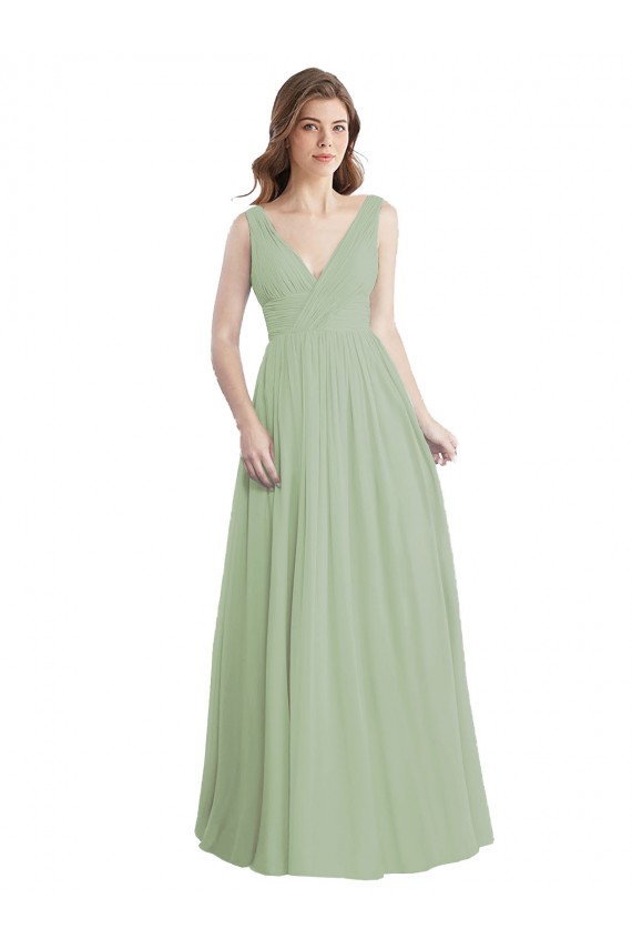 V-Back Smoke Green Sleeveless V-Neck A-Line Soft Chiffon Formal Dress / Bridesmaid Dress Worcester