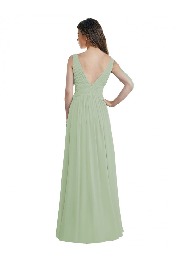 V-Back Smoke Green Sleeveless V-Neck A-Line Soft Chiffon Formal Dress / Bridesmaid Dress Worcester