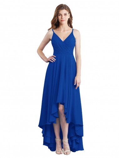 Open Back Royal Blue Sleeveless Spaghetti Straps A-Line Soft Chiffon High Low Bridesmaid Dress Worcester