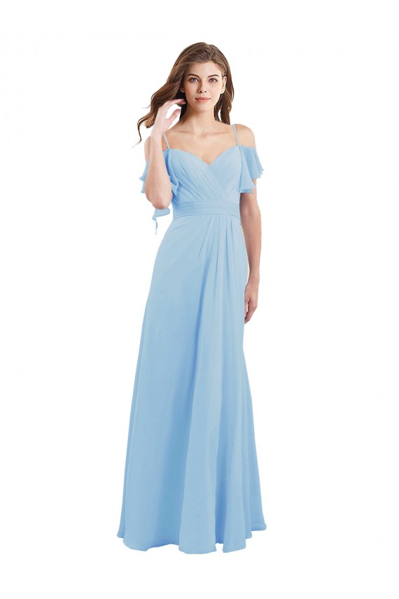 Low Back Light Sky Blue Cold Shoulder Spaghetti Straps A-Line Soft Chiffon Bridesmaid Dress Worcester