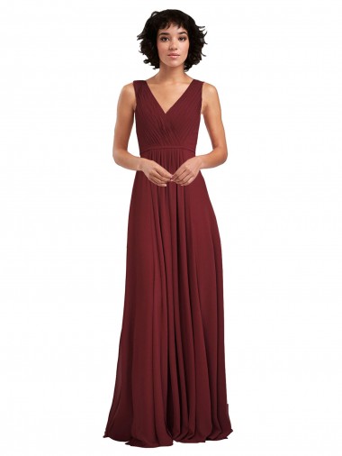 V-Back Burgundy Sleeveless V-Neck A-Line Soft Chiffon Bridesmaid Dress Worcester
