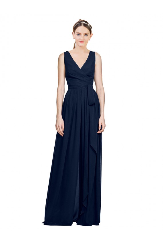 Dark Navy Sleeveless V-Neck A-Line Chiffon Wedding Party Dress Worcester