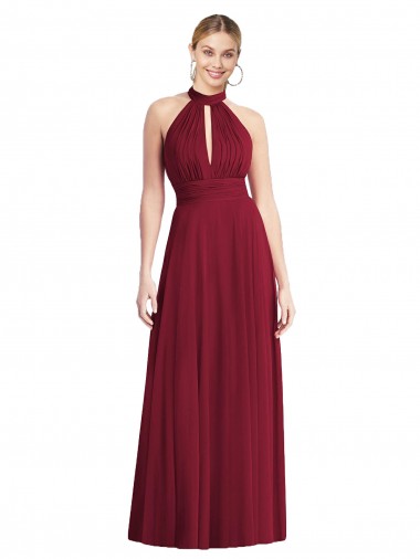 Open Back Burgundy Sleeveless Halter Neck A-Line Soft Chiffon Semi Formal Evening Dress / Bridesmaid Dress Worcester