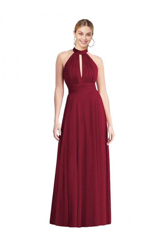 Open Back Burgundy Sleeveless Halter Neck A-Line Soft Chiffon Semi Formal Evening Dress / Bridesmaid Dress Worcester