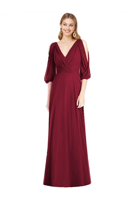 V-Back Bell Sleeves V-Neck Trumpet Soft Chiffon Formal Dress / Bridesmaid Dress Worcester