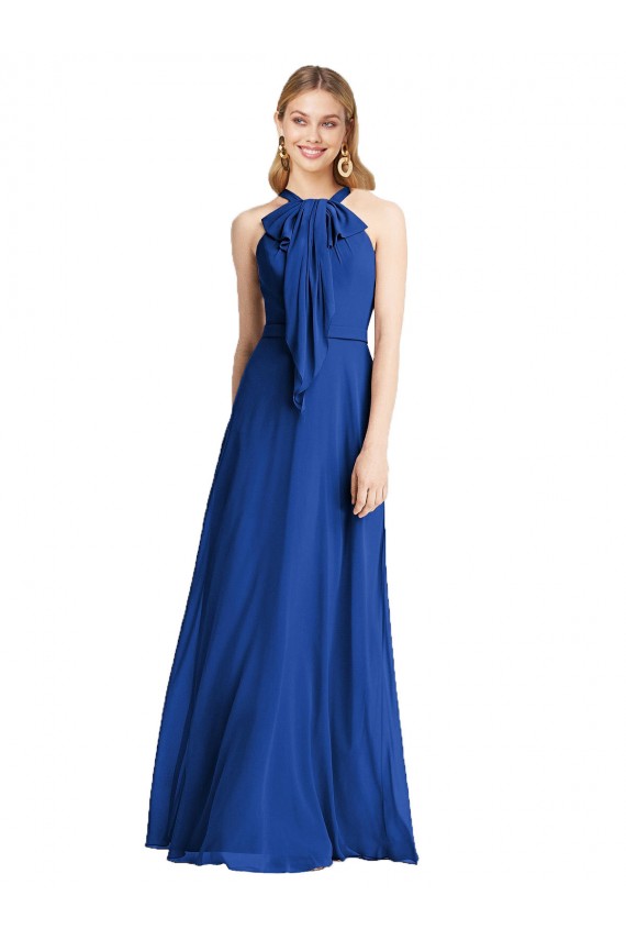 V-Back Royal Blue Sleeveless Halter Neck A-Line Soft Chiffon Bridesmaid Dress Worcester