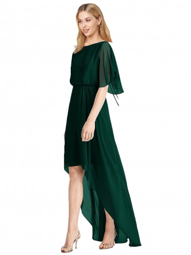 Open Back Flutter Sleeves Round Neck A-Line Soft Chiffon High Low Bridesmaid Dress Worcester