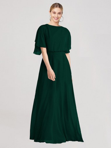 Open Back Flutter Sleeves Round Neck A-Line Soft Chiffon Bridesmaid Dress Worcester