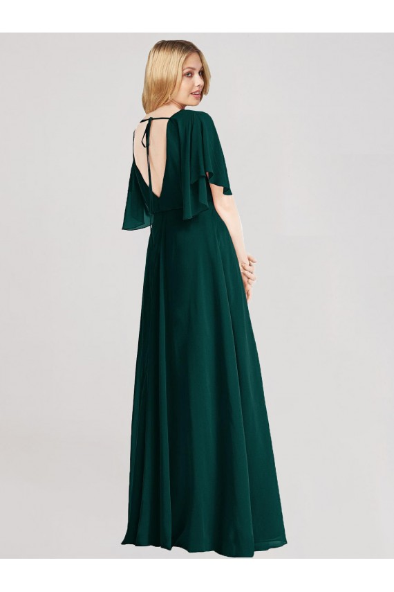 Open Back Flutter Sleeves Round Neck A-Line Soft Chiffon Bridesmaid Dress Worcester
