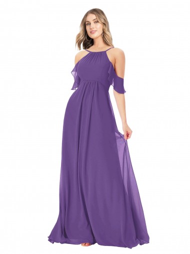 Plum Purple Cold Shoulder Off the Shoulder A-Line Soft Chiffon Bridesmaid Dress Worcester