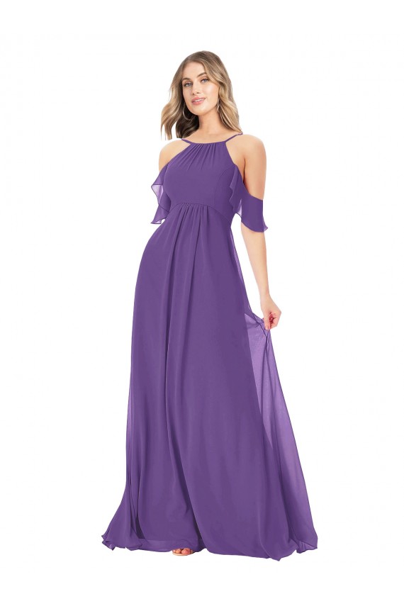 Plum Purple Cold Shoulder Off the Shoulder A-Line Soft Chiffon Bridesmaid Dress Worcester