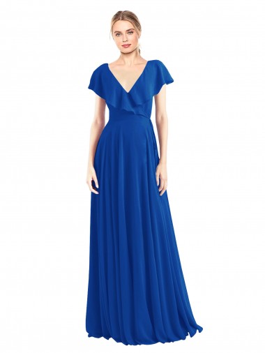 V-Back Royal Blue Flutter Sleeves V-Neck A-Line Soft Chiffon Bridesmaid Dress Worcester