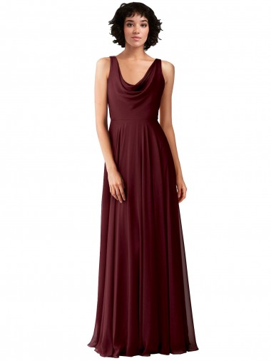 V-Back Burgundy Gold Sleeveless Cowl Neck A-Line Soft Chiffon Bridesmaid Dress Worcester