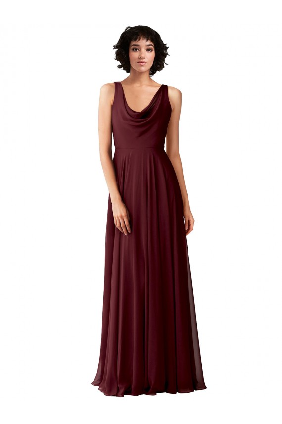 V-Back Burgundy Gold Sleeveless Cowl Neck A-Line Soft Chiffon Bridesmaid Dress Worcester