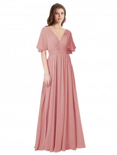 V-Back Bliss Pink Flutter Sleeves V-Neck A-Line Soft Chiffon Bridesmaid Dress Worcester