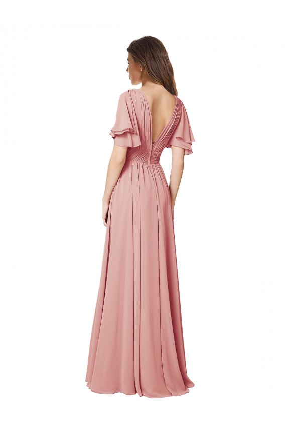 V-Back Bliss Pink Flutter Sleeves V-Neck A-Line Soft Chiffon Bridesmaid Dress Worcester