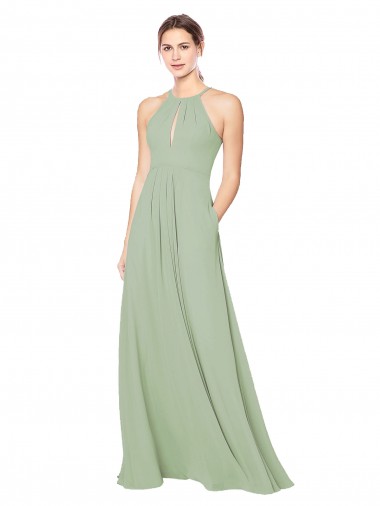 Keyhole Back Smoke Green Sleeveless Halter Neck A-Line Soft Chiffon Bridesmaid Dress Worcester