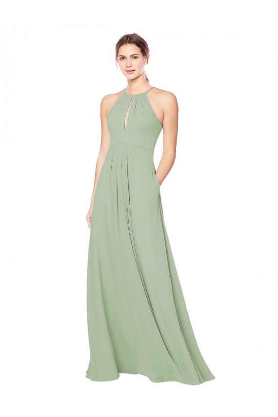 Keyhole Back Smoke Green Sleeveless Halter Neck A-Line Soft Chiffon Bridesmaid Dress Worcester