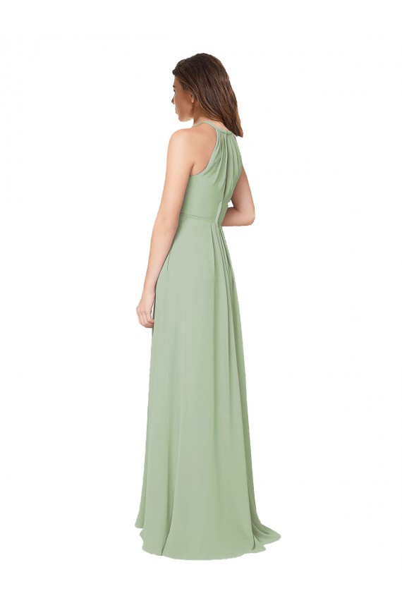 Keyhole Back Smoke Green Sleeveless Halter Neck A-Line Soft Chiffon Bridesmaid Dress Worcester