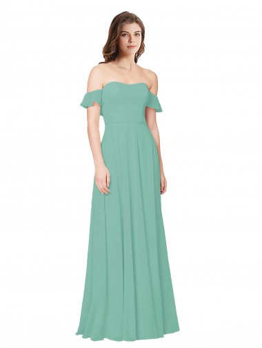 Open Back Flounce Sleeves Off the Shoulder A-Line Soft Chiffon Bridesmaid Dress Worcester