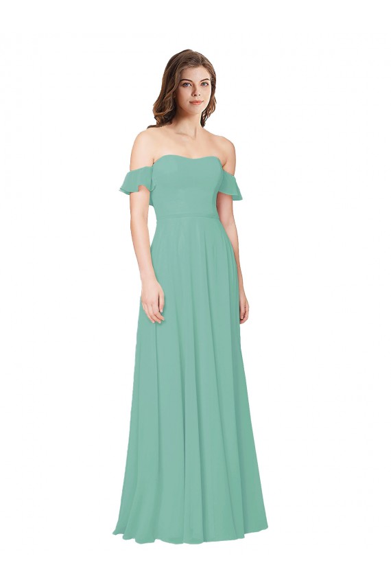 Open Back Flounce Sleeves Off the Shoulder A-Line Soft Chiffon Bridesmaid Dress Worcester