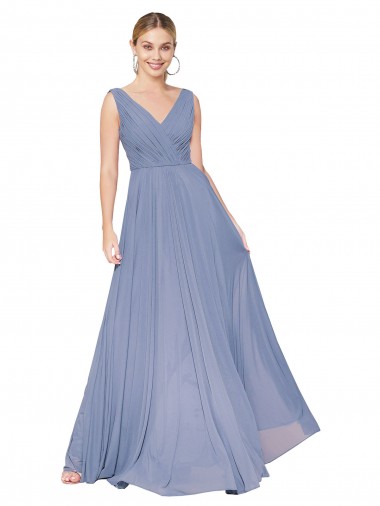 V-Back Dusty Blue Sleeveless V-Neck A-Line Soft Chiffon Formal Evening Gown / Prom Dress / Bridesmaid Dress Worcester