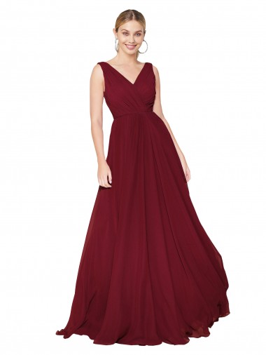 V-Back Burgundy Sleeveless V-Neck A-Line Soft Chiffon Formal Dress / Bridesmaid Dress Worcester