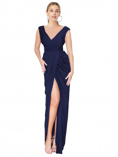 V-Back Dark Navy Sleeveless V-Neck Mermaid Soft Chiffon Formal Evening Gown / Prom Dress / Bridesmaid Dress Worcester