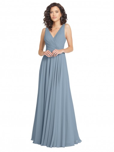 V-Back Dusty Blue Sleeveless V-Neck A-Line Soft Chiffon Bridesmaid Dress Worcester