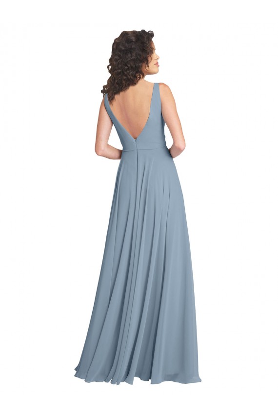 V-Back Dusty Blue Sleeveless V-Neck A-Line Soft Chiffon Bridesmaid Dress Worcester