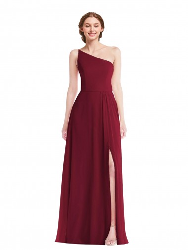 Burgundy Sleeveless One Shoulder A-Line Soft Chiffon Semi Formal Evening Dress / Bridesmaid Dress Worcester
