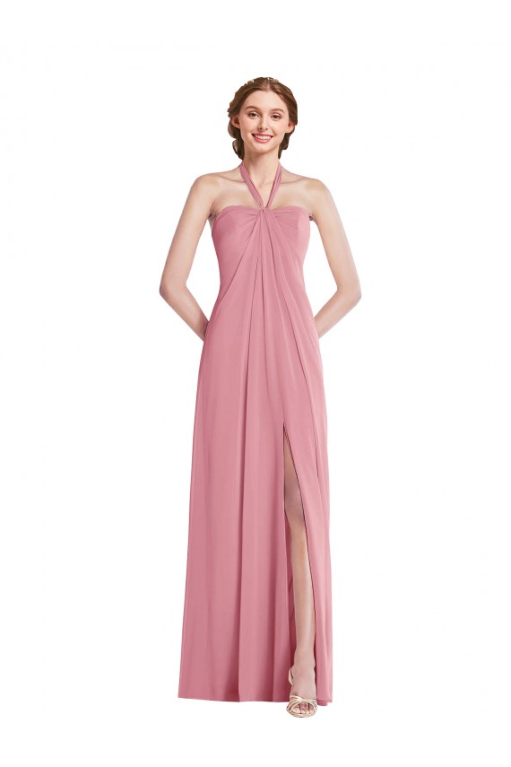 Open Back Skin Pink Sleeveless Halter Neck A-Line Soft Chiffon Semi Formal Evening Dress / Bridesmaid Dress Worcester