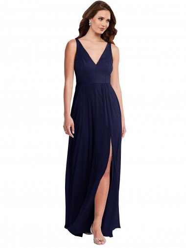 V-Back Dark Navy Sleeveless V-Neck A-Line Soft Chiffon Black Tie Evening Gown / Bridesmaid Dress Worcester