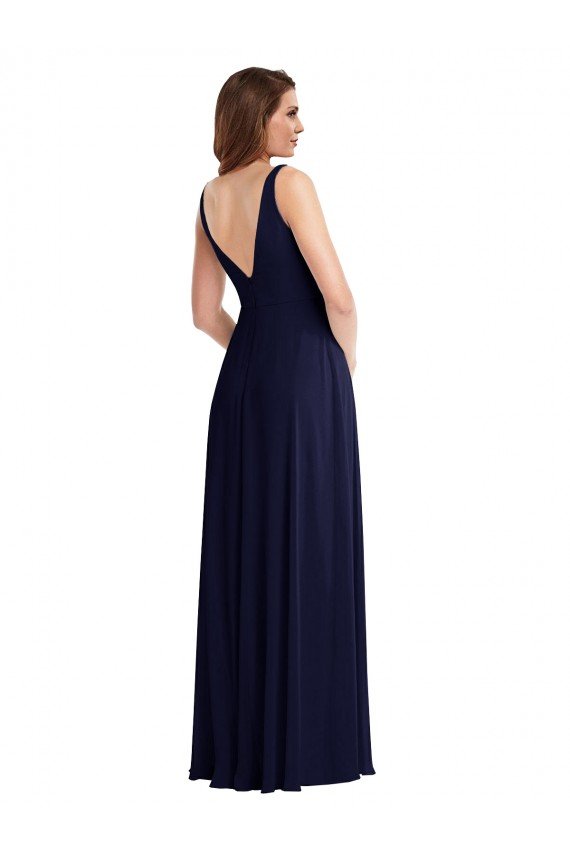 V-Back Dark Navy Sleeveless V-Neck A-Line Soft Chiffon Black Tie Evening Gown / Bridesmaid Dress Worcester