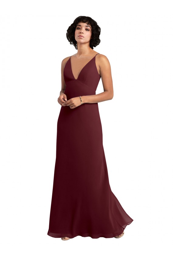 V-Back Burgundy Gold Sleeveless V-Neck A-Line Soft Chiffon Bridesmaid Dress / Formal Dress Worcester