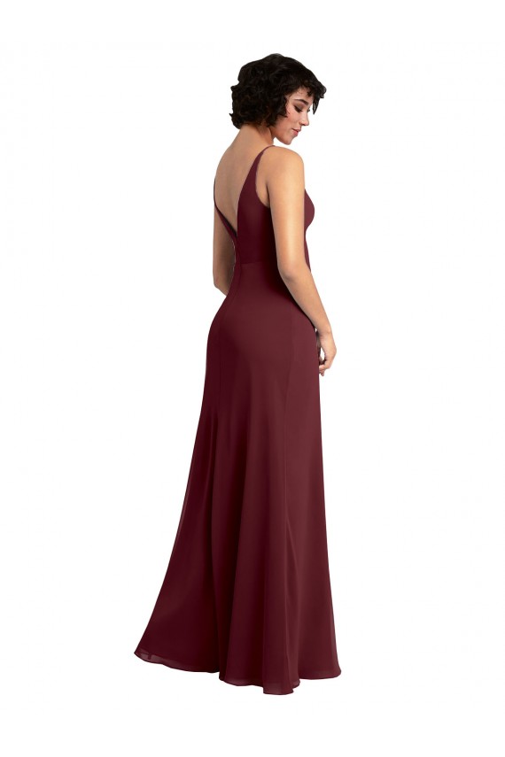 V-Back Burgundy Gold Sleeveless V-Neck A-Line Soft Chiffon Bridesmaid Dress / Formal Dress Worcester