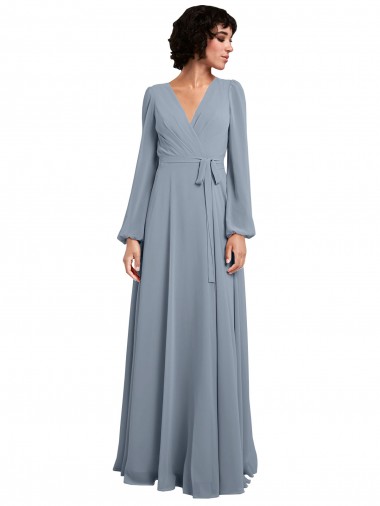 Long Sleeves V-Neck A-Line Soft Chiffon Bridesmaid Dress / Formal Dress Worcester