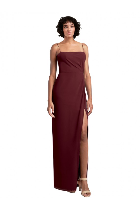 Open Back Burgundy Gold Sleeveless Spaghetti Straps A-Line Soft Chiffon Evening Dress / Bridesmaid Dress Worcester