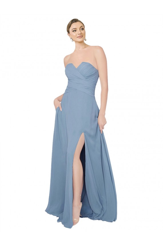 Low Back Dusty Blue Sleeveless Sweetheart A-Line Chiffon Bridesmaid Dress / Evening Dress Worcester