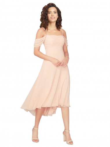 Low Back Cold Shoulder Square Neck A-Line Soft Chiffon High Low Bridesmaid Dress Worcester