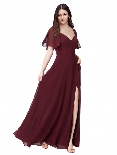 Keyhole Back Short Flutter Sleeves Sweetheart A-Line Soft Chiffon Formal Dress / Bridesmaid Dress Worcester